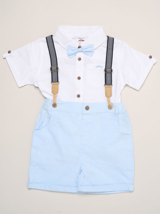 Little Gent Blue Mock Shirt Bodysuit Shorts And Bowtie Outfit Set image 2