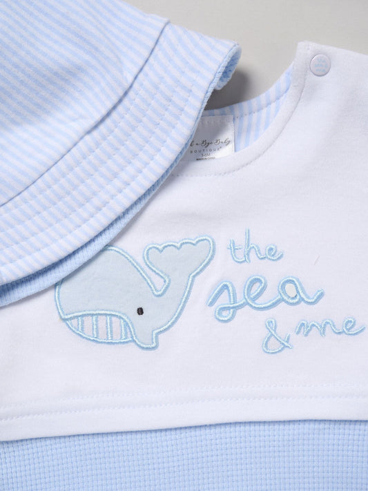 Rock-A-Bye Baby Boutique Blue Whale Printed Romper And Reversible Hat Outfit Set image 2