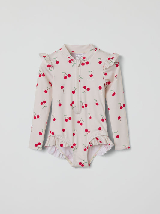 Dsiney Kidz - Polarn O. Pyret White Cherry Print Frill Zip-up Swimsuit image 2