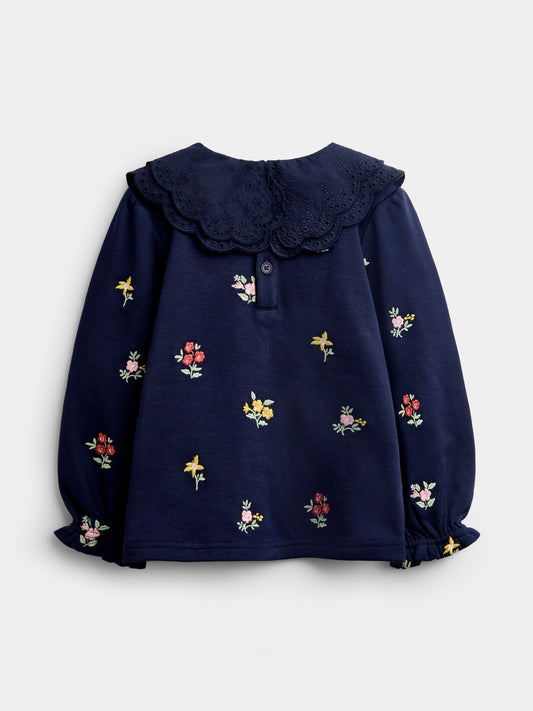 Dsiney Kidz - Jojo Maman Bébé Navy Blue Floral Embroidered Broderie Collar Top image 2