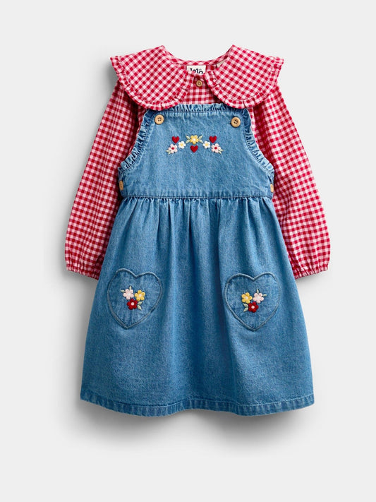 Disney Kidz - JoJo Maman Bébé Chambray Red Shirt & Denim Heart Pocket Dress Set image 1