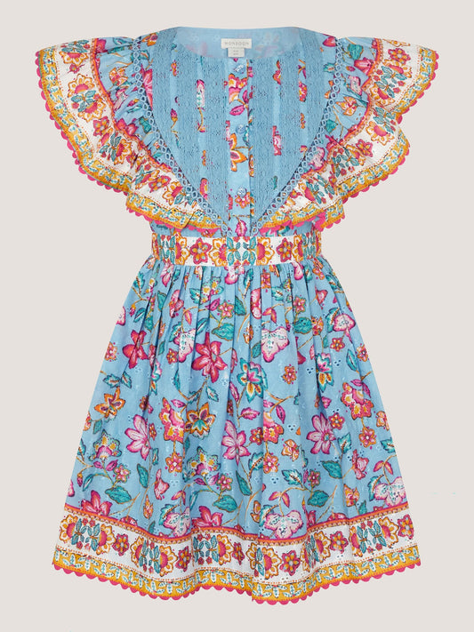 Dsiney Kidz - Monsoon Blue Adara Floral Print Broderie Dress image 2