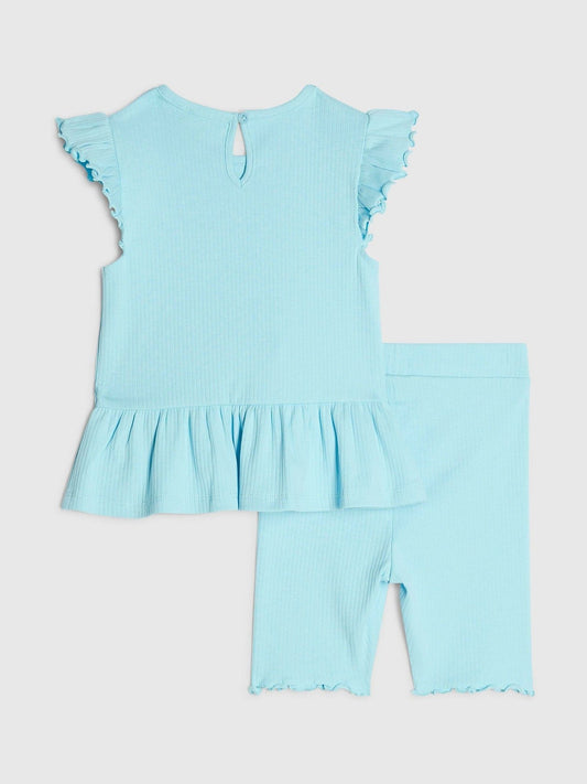 Dsiney Kidz - River Island Blue Peplum Bow Top & Rib Shorts Set image 2