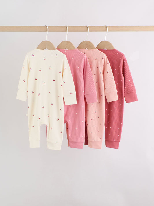Pink Cherry Print Two Way Zip Baby Sleepsuits 4 Pack (0-3yrs) image 2