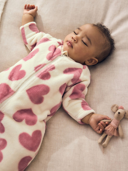 Ecru/Pink Heart Two Way Zip Fleece Sleepsuit image 2