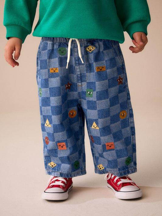 Mid Blue Checkerboard With All Over Embroidery Wide Fit Jeans (3mths-7yrs) - image 1
