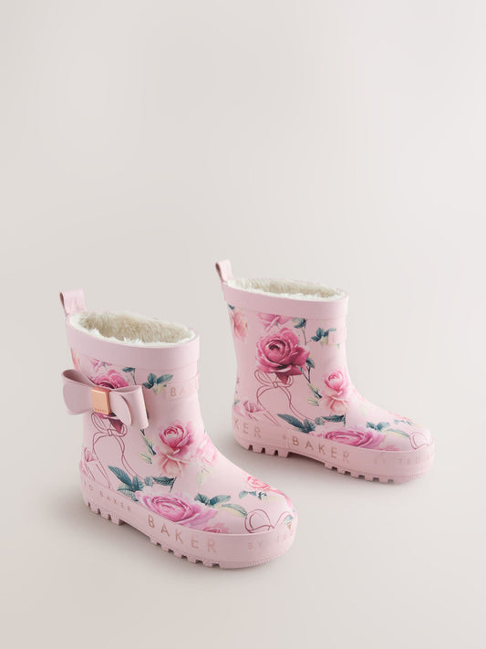 Dsiney Kidz - Baker by Ted Baker Pink Floral Baker by Ted Baker Faux Fur Lined Welly Boots with Bow image 2