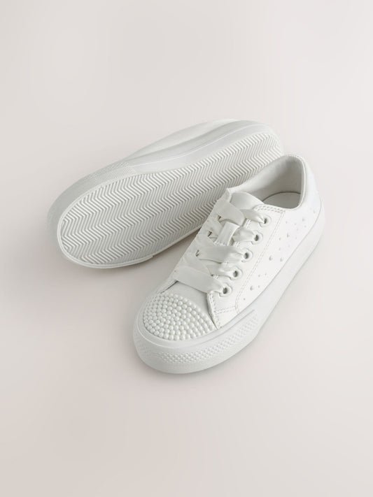 Dsiney Kidz - White Pearl Embellished Lace Up Occasion Trainers image 2