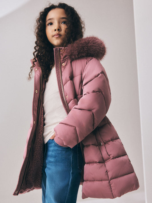 Pink Shower Resistant Faux Fur Trim Padded Coat (3-16yrs) - image 2