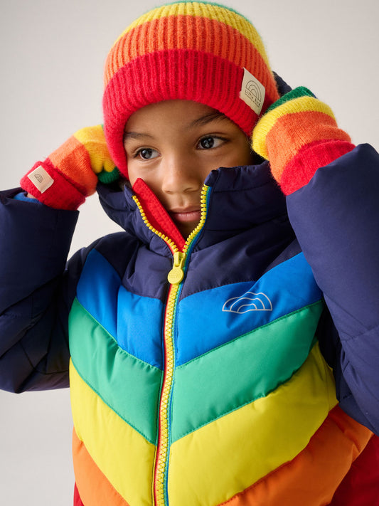 Dsiney Kidz - Little Bird by Jools Oliver Multi Bright Rainbow Stripe Knitted Beanie With Mittens/Gloves Set image 2