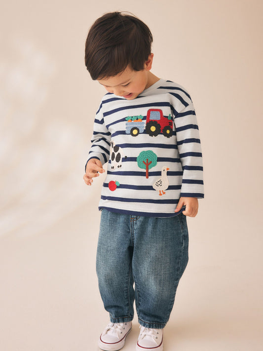 Dsiney Kidz - Cream/Navy Stripe Farm Embroidery Long Sleeve Appliqué T-Shirt (3mths-7yrs) image 2