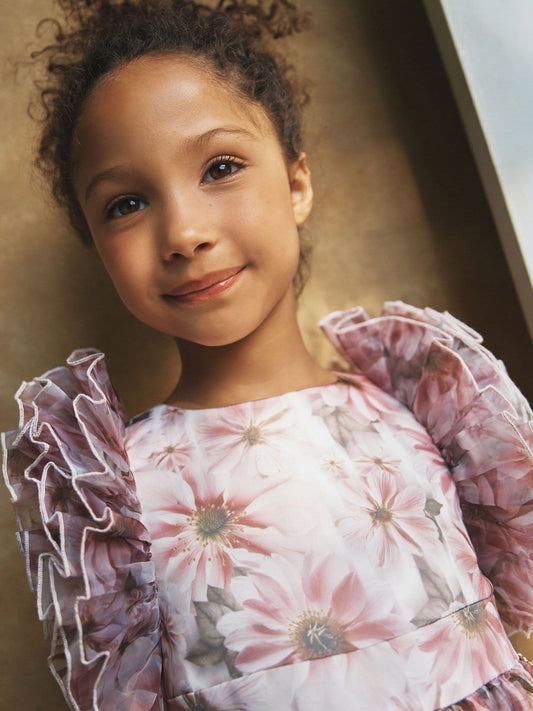 Dsiney Kidz - Angel & Rocket Pink Flora Ruffle Sleeve Organza Print Dress image 2