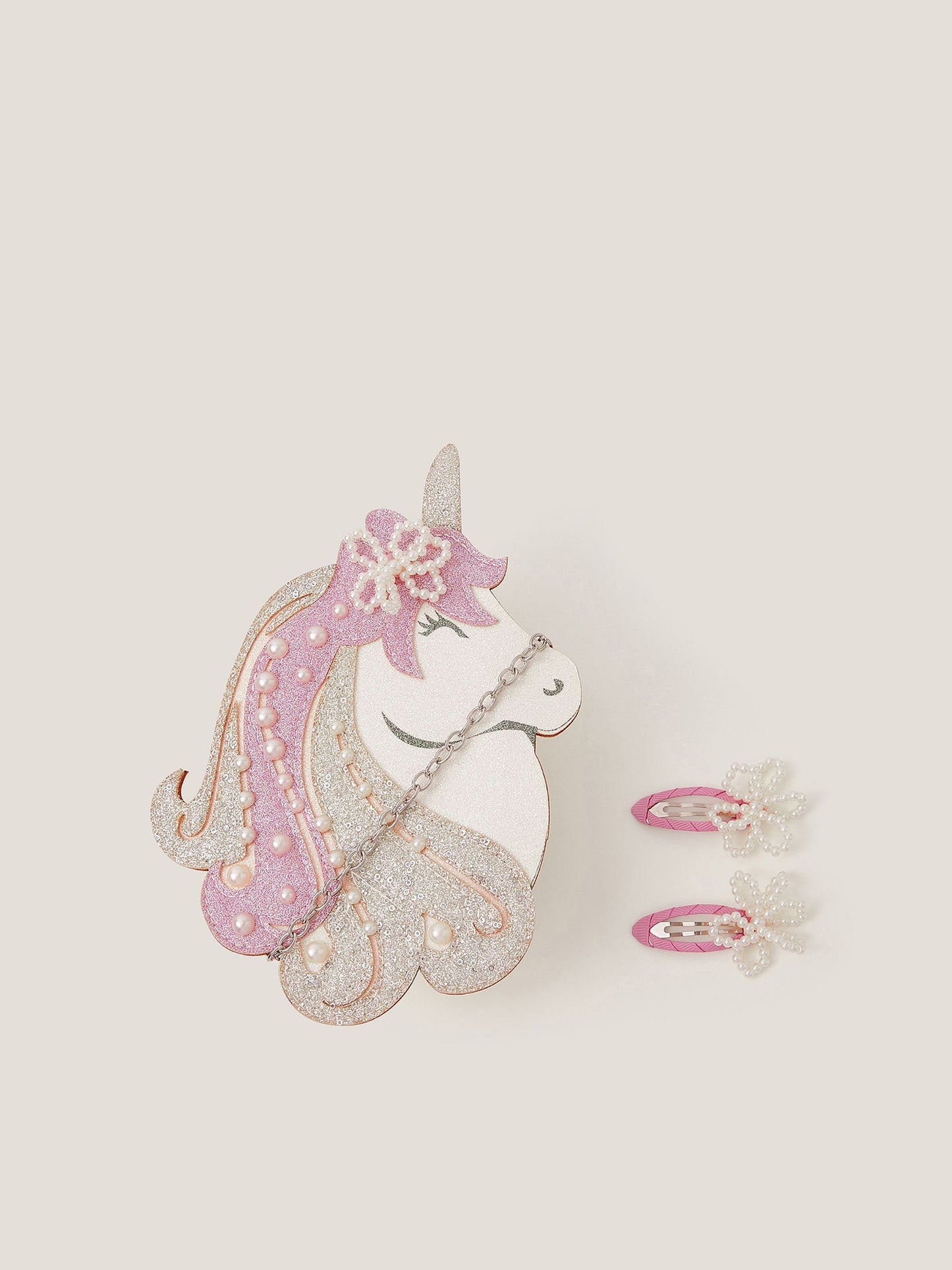 Monsoon White Glitter Unicorn Bag & Pearly Hair Clips Set image 1