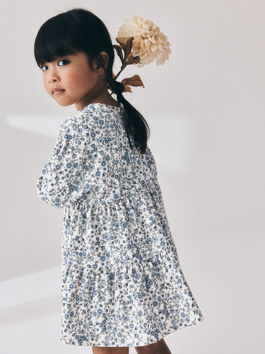 Dsiney Kidz - Ecru Blue Ditsy Long Sleeve Tiered Dress (3mths-7yrs) image 2