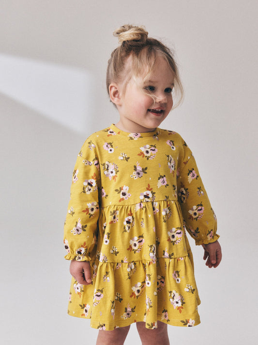 Dsiney Kidz - Ochre Yellow Floral Long Sleeve Tiered Dress (3mths-7yrs) image 2