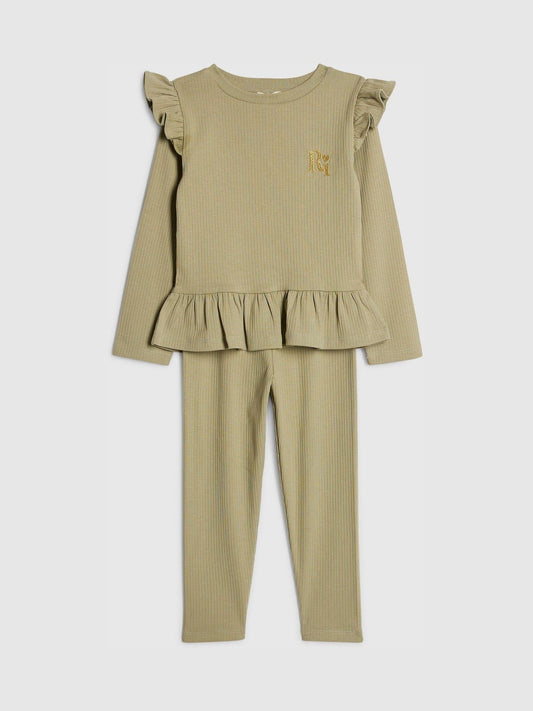 River Island Green Frill Rib Top & Waistband Leggings Set image 2