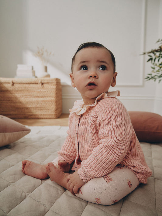 White Floral Bodysuit, Legging with Pink Knitted Cardigan Baby 3 Piece Set (0mths-2yrs) image 2