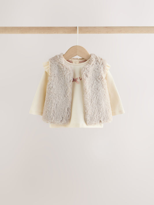 Dsiney Kidz - Pink/Cream Fur Baby Gilet Top and Leggings 3 Piece Set (0mths-2yrs) image 2