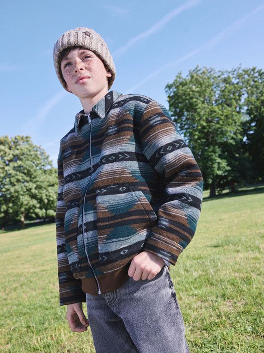 Tan Brown / Green Zip Up Ikat Borg Lined Shacket (3-16yrs) - image 1