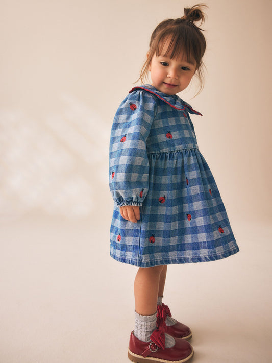 Dsiney Kidz - Blue Denim Check Long Sleeve Collar Embroidered Ladybird Dress (3mths-8yrs) image 2