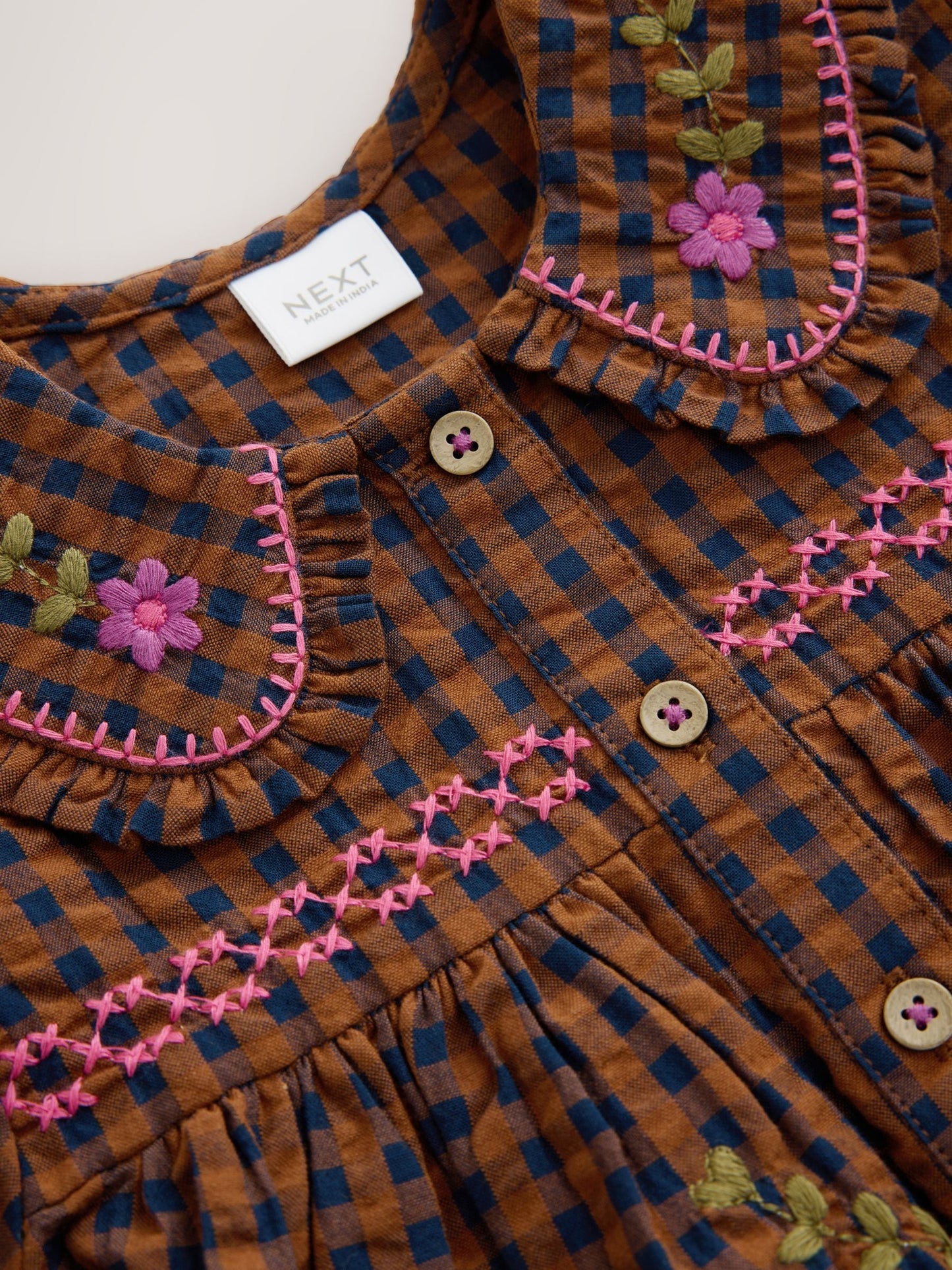Dsiney Kidz - Chocolate Brown Embroidered Check Collar Dress (3mths-8yrs) image 8