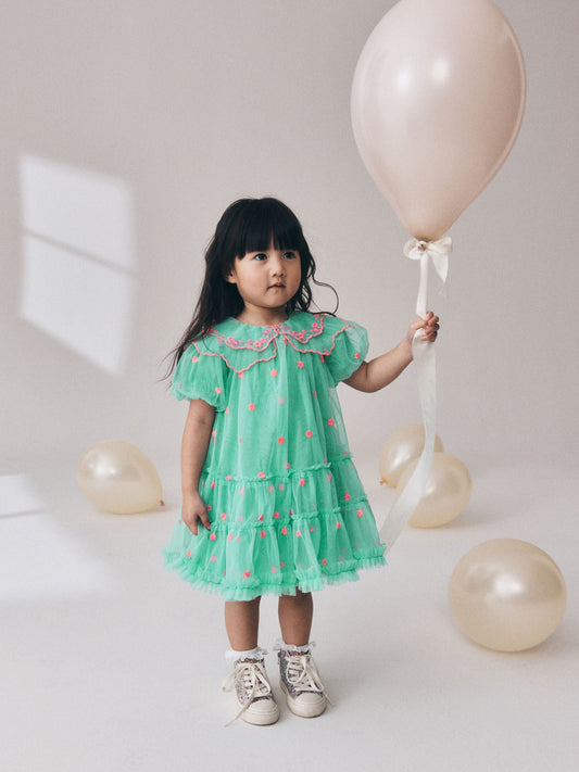 Dsiney Kidz - Teal Blue Mesh Embroidered Occasion Dress (3mths-8yrs) image 2