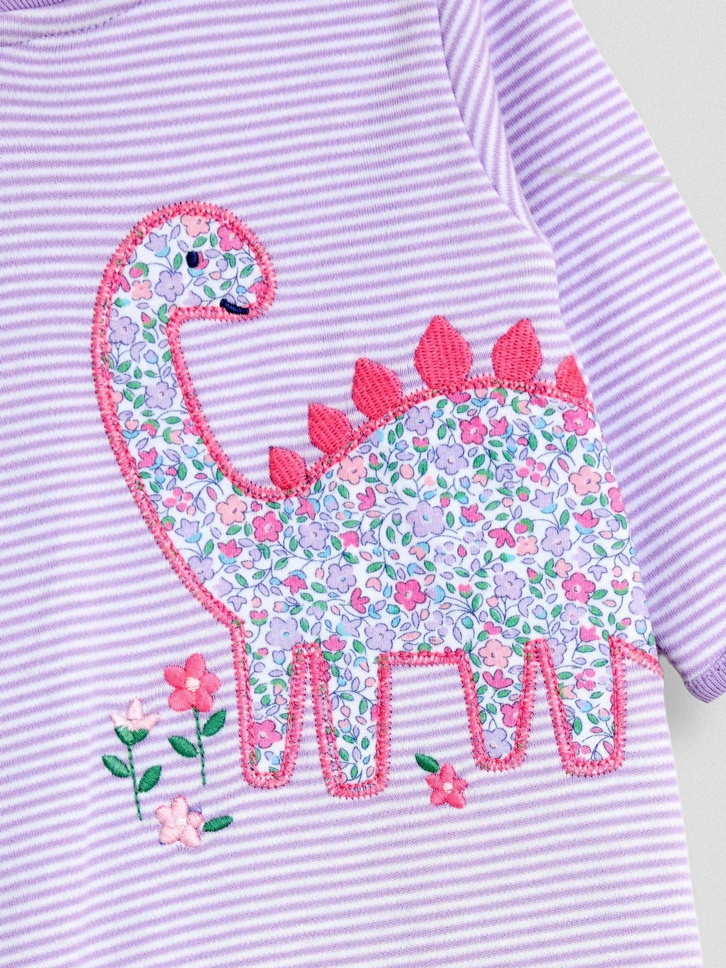 JoJo Maman Bébé Purple Dino 100% Cotton Footed Stripe Appliqué Sleepsuit image 4