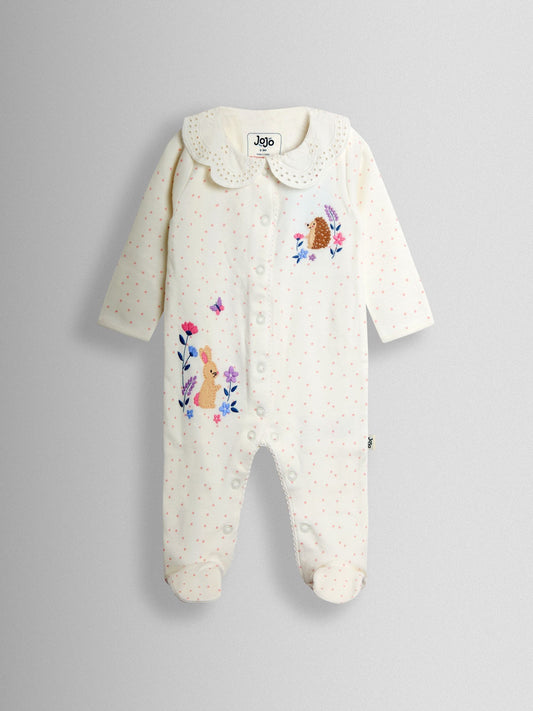 JoJo Maman Bébé Cream Speckled Hedgehog Organic Cotton Embroidered Sleepsuit image 2