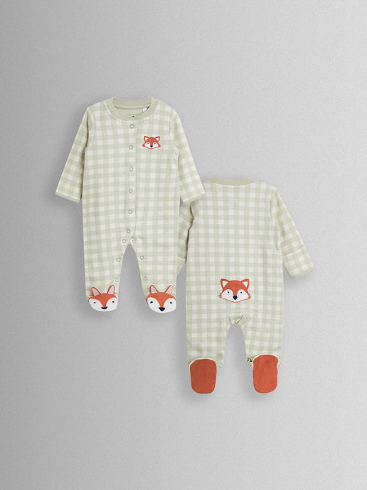JoJo Maman Bébé Green Fox Character Appliqué Zip Footed Sleepsuit image 2