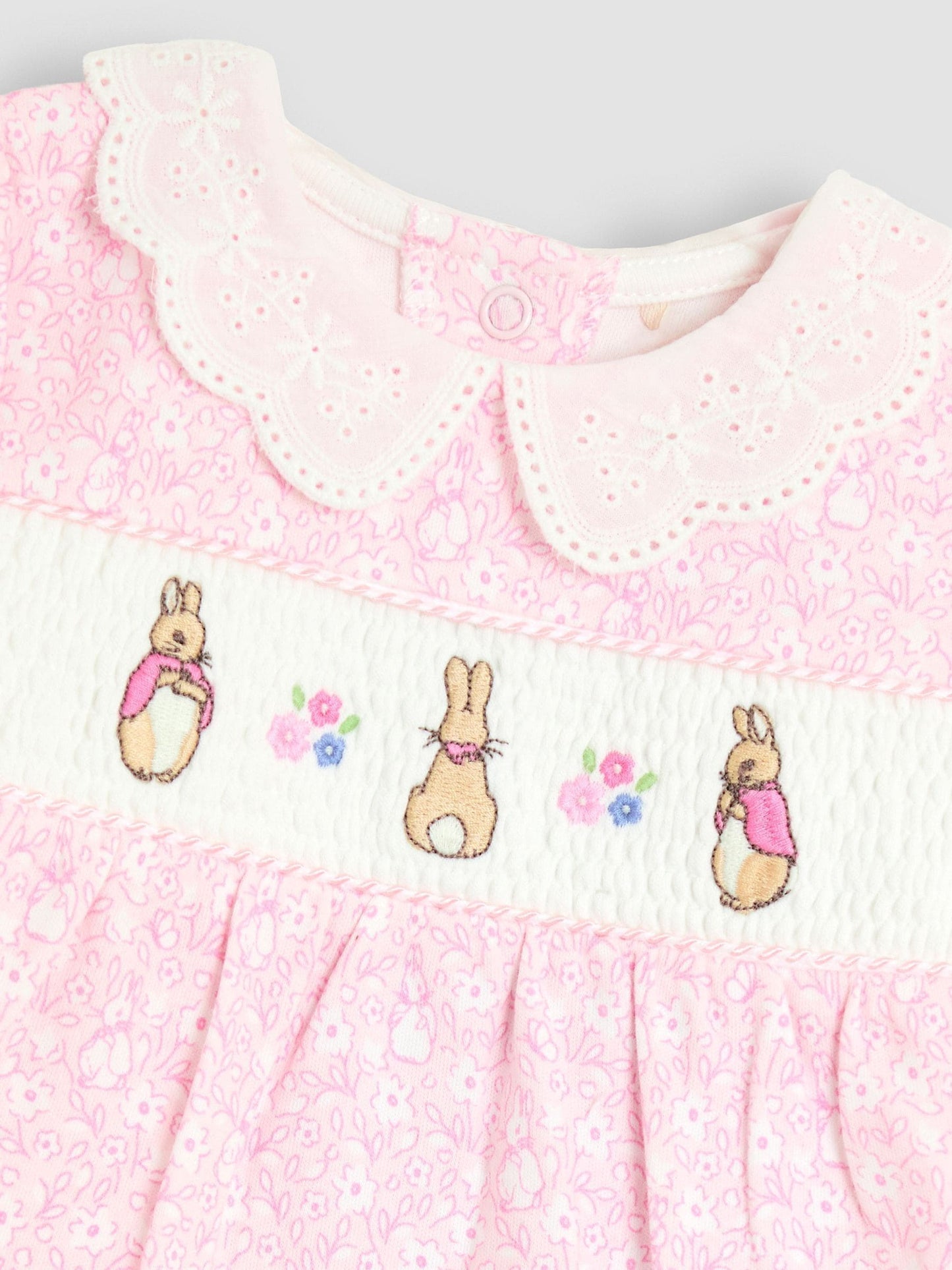 JoJo Maman Bébé Pink Ditsy Floral Flopsy Smocked Collared Sleepsuit image 5