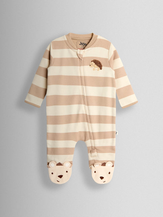 JoJo Maman Bébé Brown Hedgehog Wide Stripe Character Footed Sleepsuit image 2