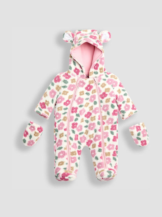 JoJo Maman Bébé Pink Floral Cosy Borg Printed Pramsuit image 2