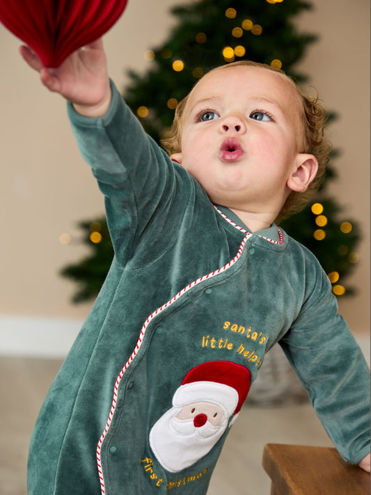 JoJo Maman Bébé Green Santa My First Christmas Velour All-In-One image 2