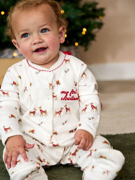 JoJo Maman Bébé Cream Christmas Reindeer Print Sleepsuit image 2