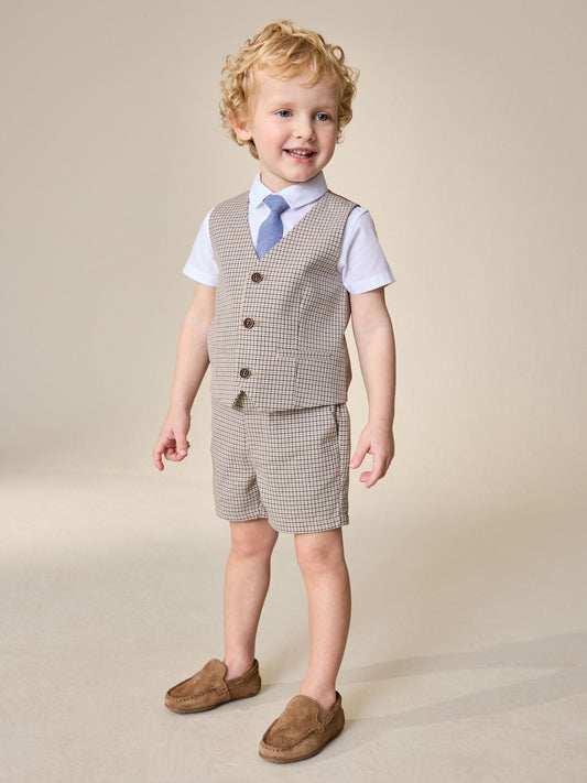 Brown Check Waistcoat, Shirt, Shorts & Tie Set (3mths-9yrs) image 2