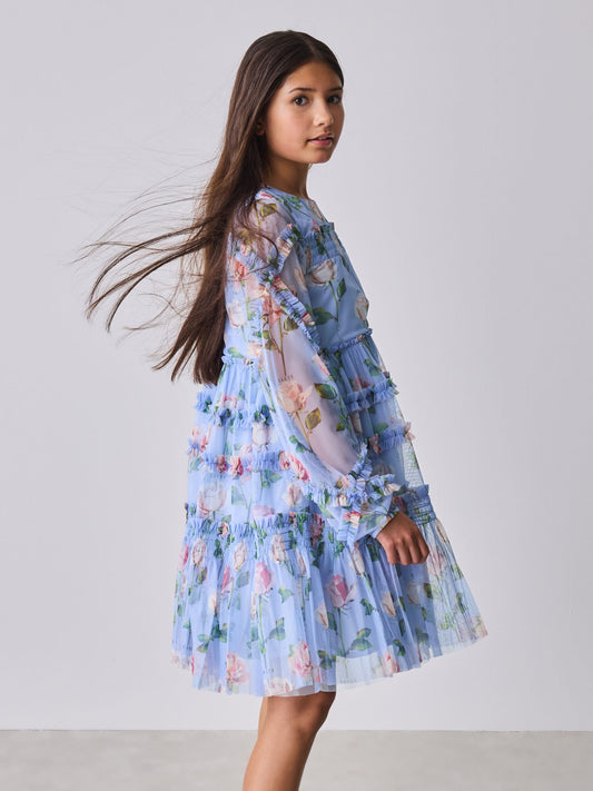 Dsiney Kidz - Baker by Ted Baker Blue Floral Mesh Ruffle Dress image 2
