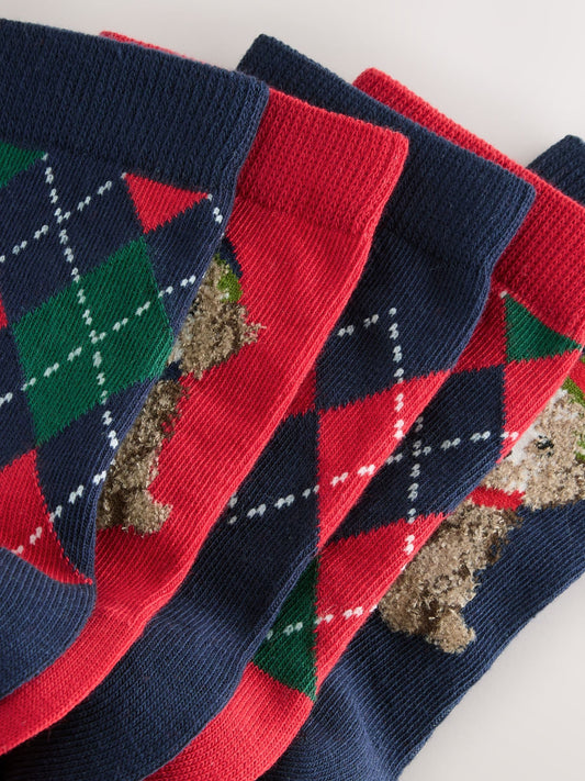 Navy Blue/Red Argyle Dog Christmas Cotton Rich Socks 5 Pack image 3