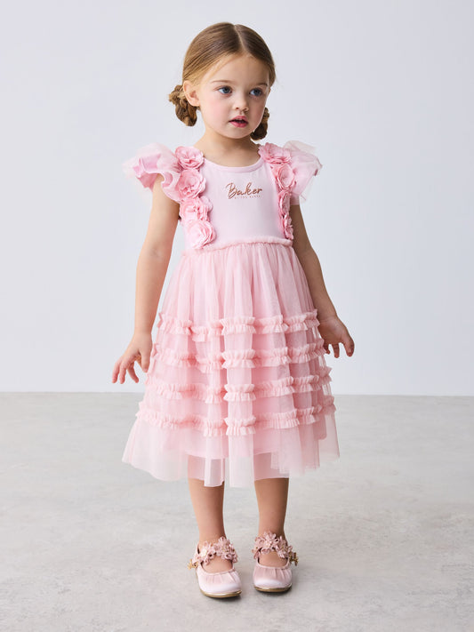 Baker by Ted Baker Pink 3D Corsage Mesh Tier Dress image 2