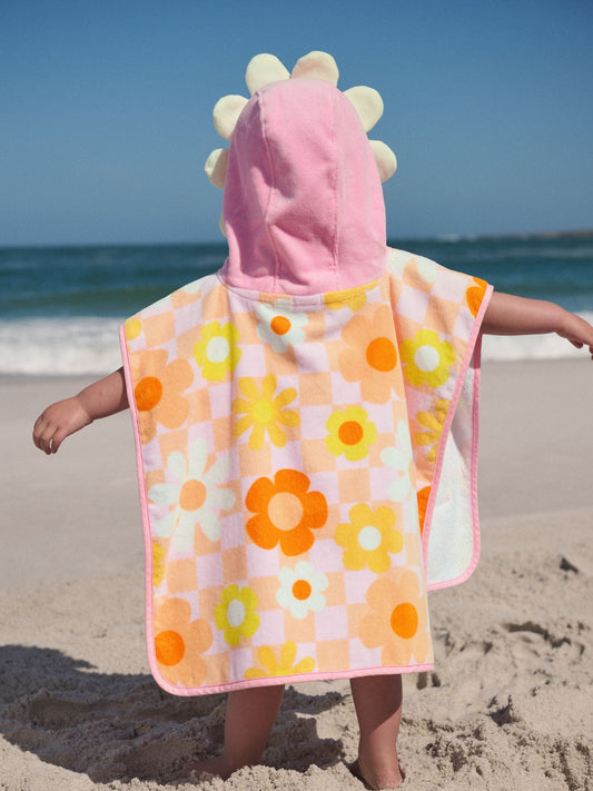 Pink/Orange Checkerboard Floral Towelling Poncho (9mths-10yrs) image 2