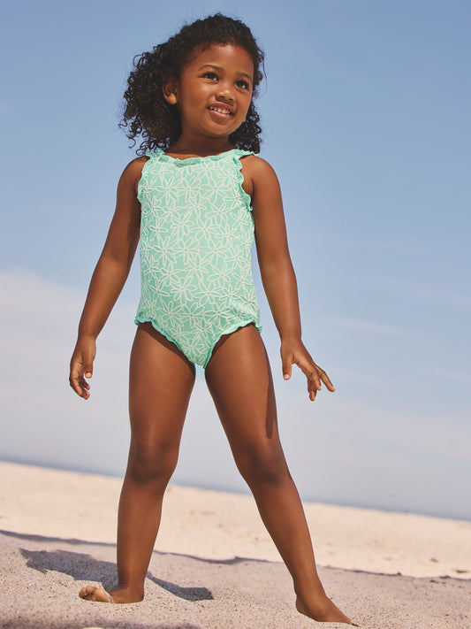 Dsiney Kidz - Mint Green Floral Texture Lettuce Edge Swimsuit (3mths-7yrs) image 2