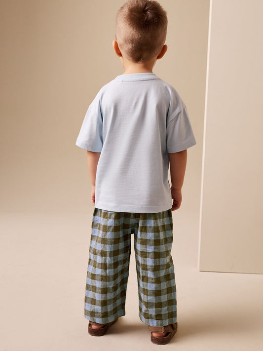 Blue Gingham Wide Fit Linen Blend Pull on Trousers (3mths-7yrs) image 2