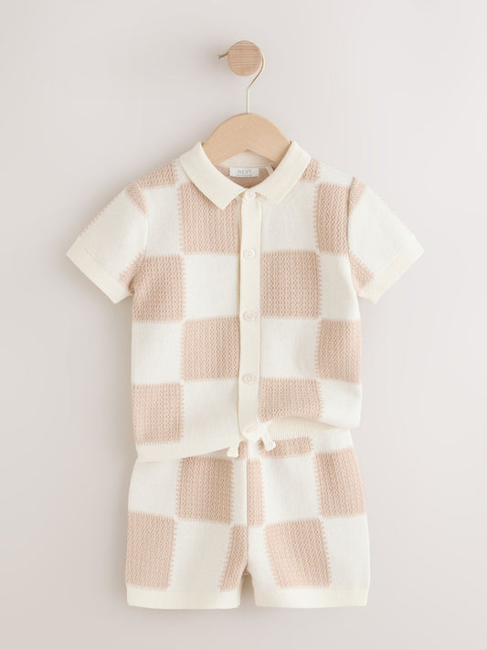 Neutral Checkerboard Knitted Polo Shirt and Shorts Set (3mths-10yrs) image 2