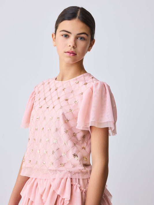 Baker by Ted Baker Pink 2 Piece Sequin Mesh Top & Ruffle Tier Skirt Set image 2