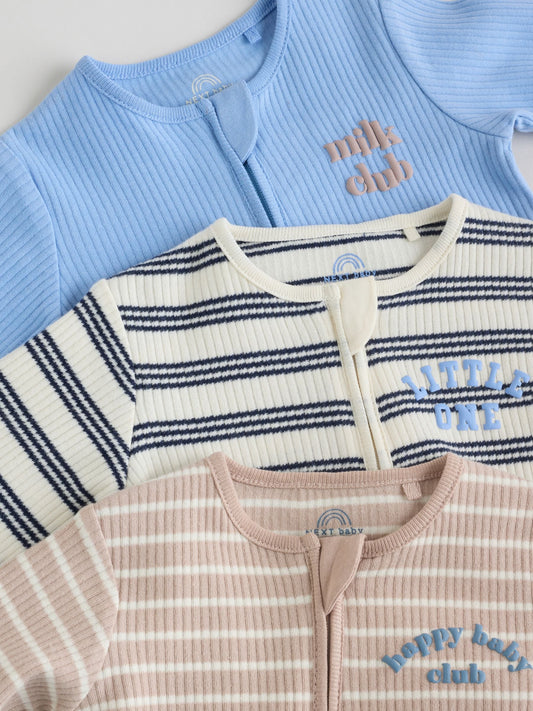 Blue Stripe Two Way Zip Baby Sleepsuits 3 Pack (0mths-3yrs) image 3