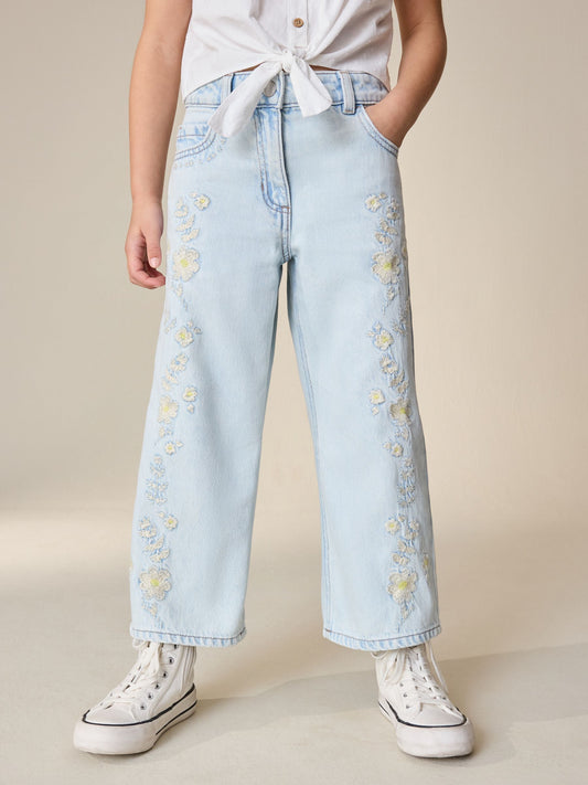 Dsiney Kidz - Light Blue Floral Embroidered Wide Leg Jeans (3-16yrs) image 2