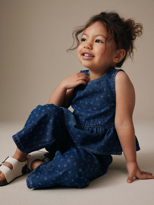Dark Blue Floral Printed Denim Top and Trousers Set (3mths-7yrs) image 3