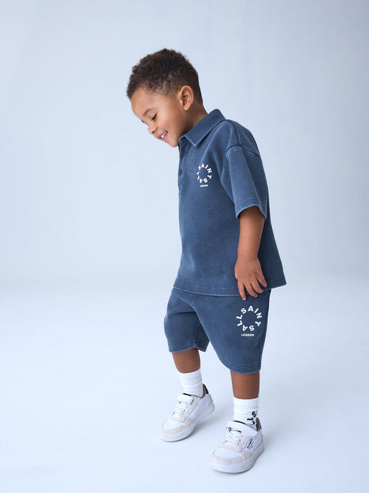 smALLSAINTS Blue Tierra Waffle Polo Shirt and Shorts Set image 2