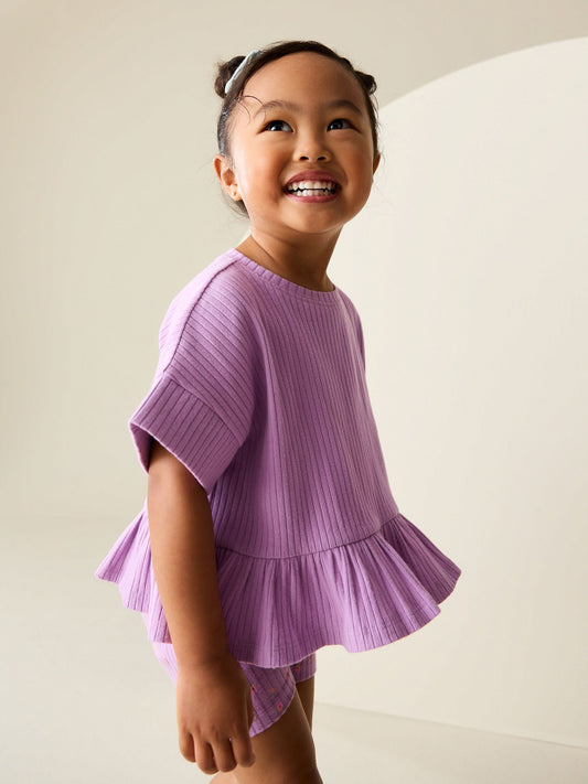 Dsiney Kidz - Lilac Purple Short Sleeve Ribbed Top and Shorts Set (3mths-7yrs) image 2