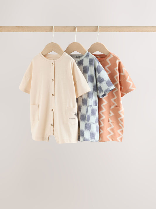 Neutral Sunbaked Printed Button Through Jersey Baby Rompers 3 Pack image 2