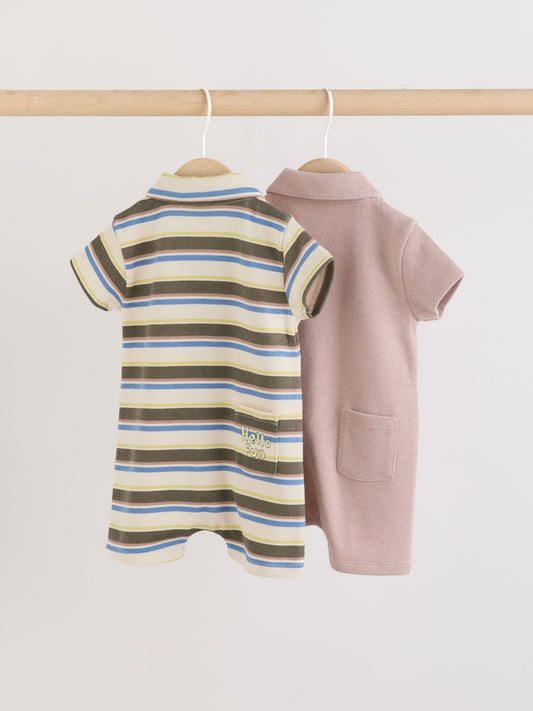 Khaki Green/Blue/Cream Stripe Jersey Collared Rompers Baby 2 Pack image 2